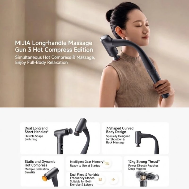 XIAOMI MIJIA Long-Handled Massage Gun 3 With 2 Message Modes 3 Levels Hot Compress 3 Gears Adjustable Low Noise 1900mAh Battery Portable Smart Massage Gun for Home Office — view 2