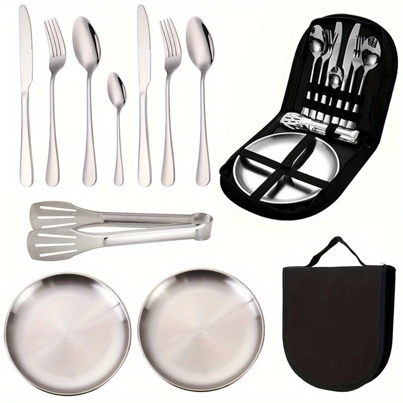 Xmund 10pcs Stainless Steel Camping Tableware Set-Portable AndDurable Outdoor Picnic Utensils With Plates Forks And Spoons For Hiking Backpacking And Camping Adventures-Perfect For Travel And Outdoor Meals — view 2