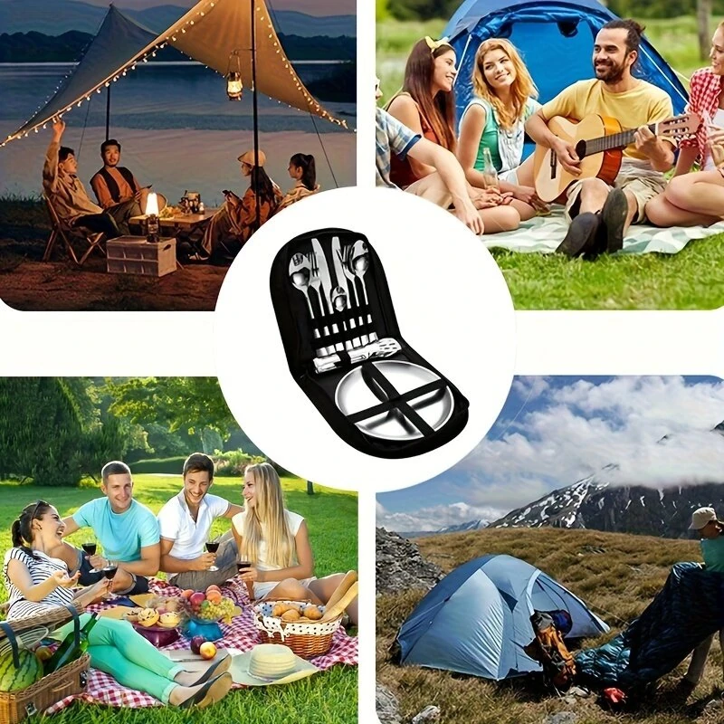 Xmund 10pcs Stainless Steel Camping Tableware Set-Portable AndDurable Outdoor Picnic Utensils With Plates Forks And Spoons For Hiking Backpacking And Camping Adventures-Perfect For Travel And Outdoor Meals — view 4
