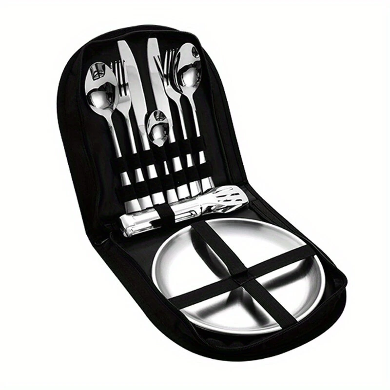 Xmund 10pcs Stainless Steel Camping Tableware Set-Portable AndDurable Outdoor Picnic Utensils With Plates Forks And Spoons For Hiking Backpacking And Camping Adventures-Perfect For Travel And Outdoor Meals — view 8
