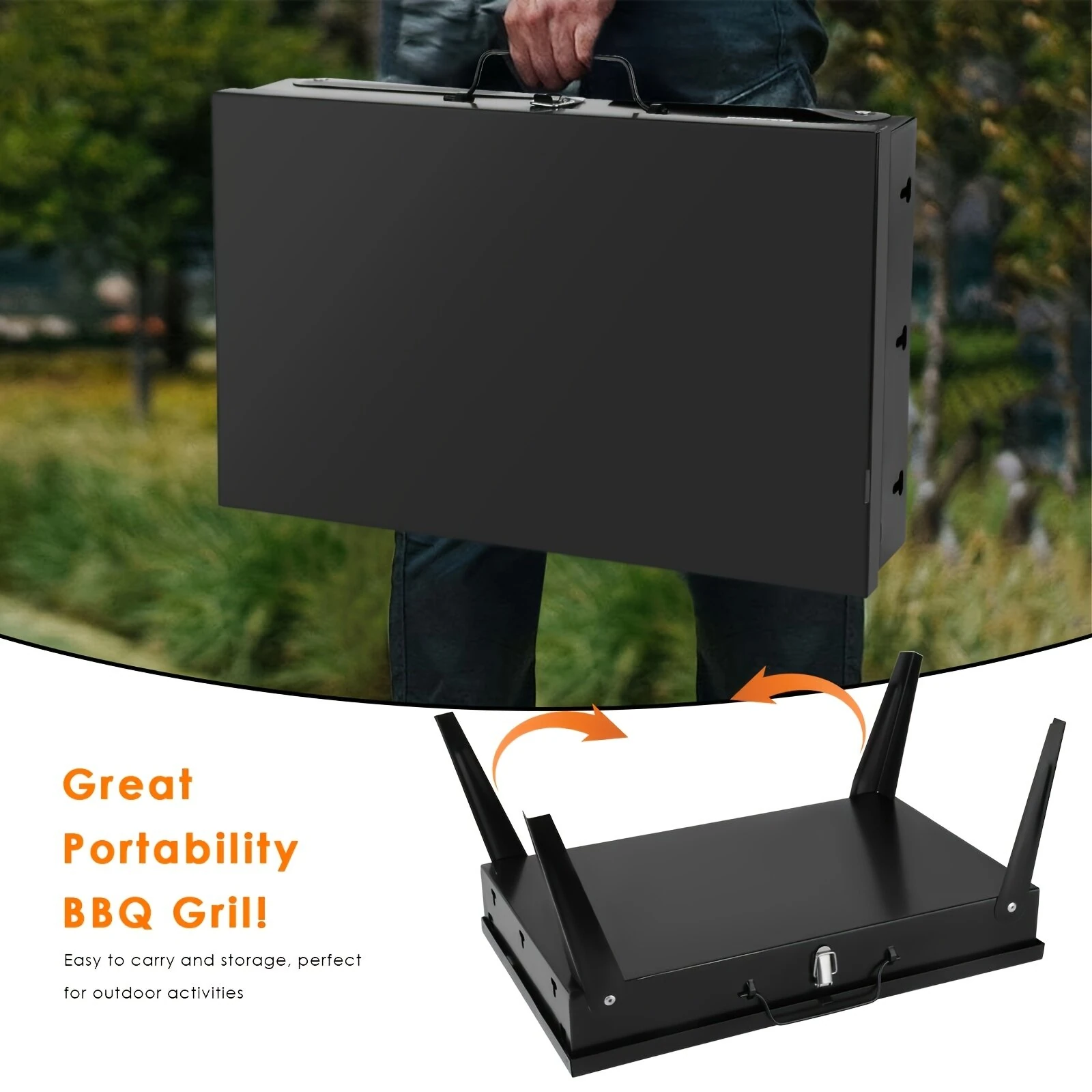 Xmund Portable Foldable Barbecue Grill with Adjustable Height & Convenient Storage Ideal for Backyard, Lawn, Garden Gatherings, Family Dinners & Outdoor Cooking Events, Includes Kickstand, Cooking Grate, Lid, Handle, Ash Pan — view 4