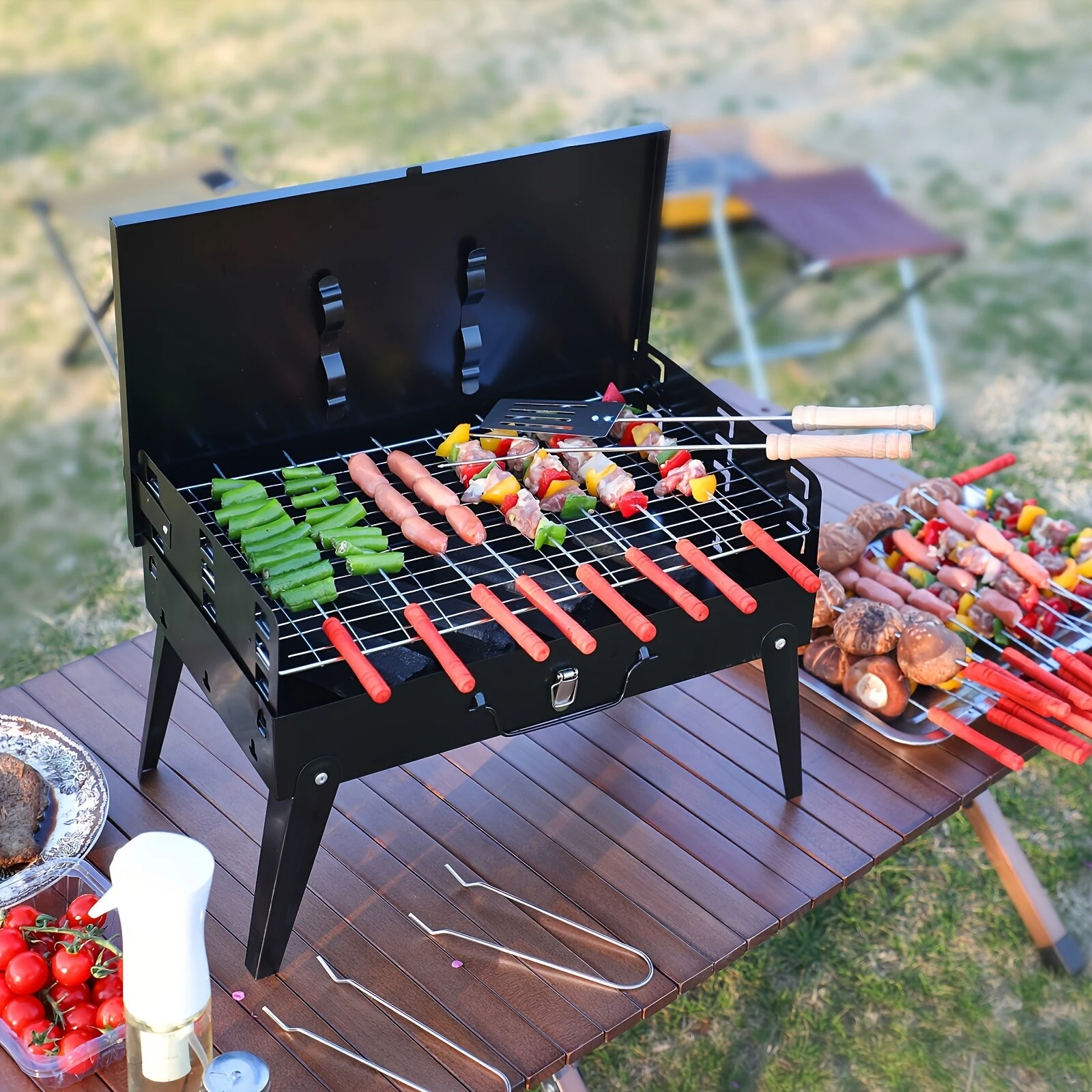 Xmund Portable Foldable Barbecue Grill with Adjustable Height & Convenient Storage Ideal for Backyard, Lawn, Garden Gatherings, Family Dinners & Outdoor Cooking Events, Includes Kickstand, Cooking Grate, Lid, Handle, Ash Pan — view 5