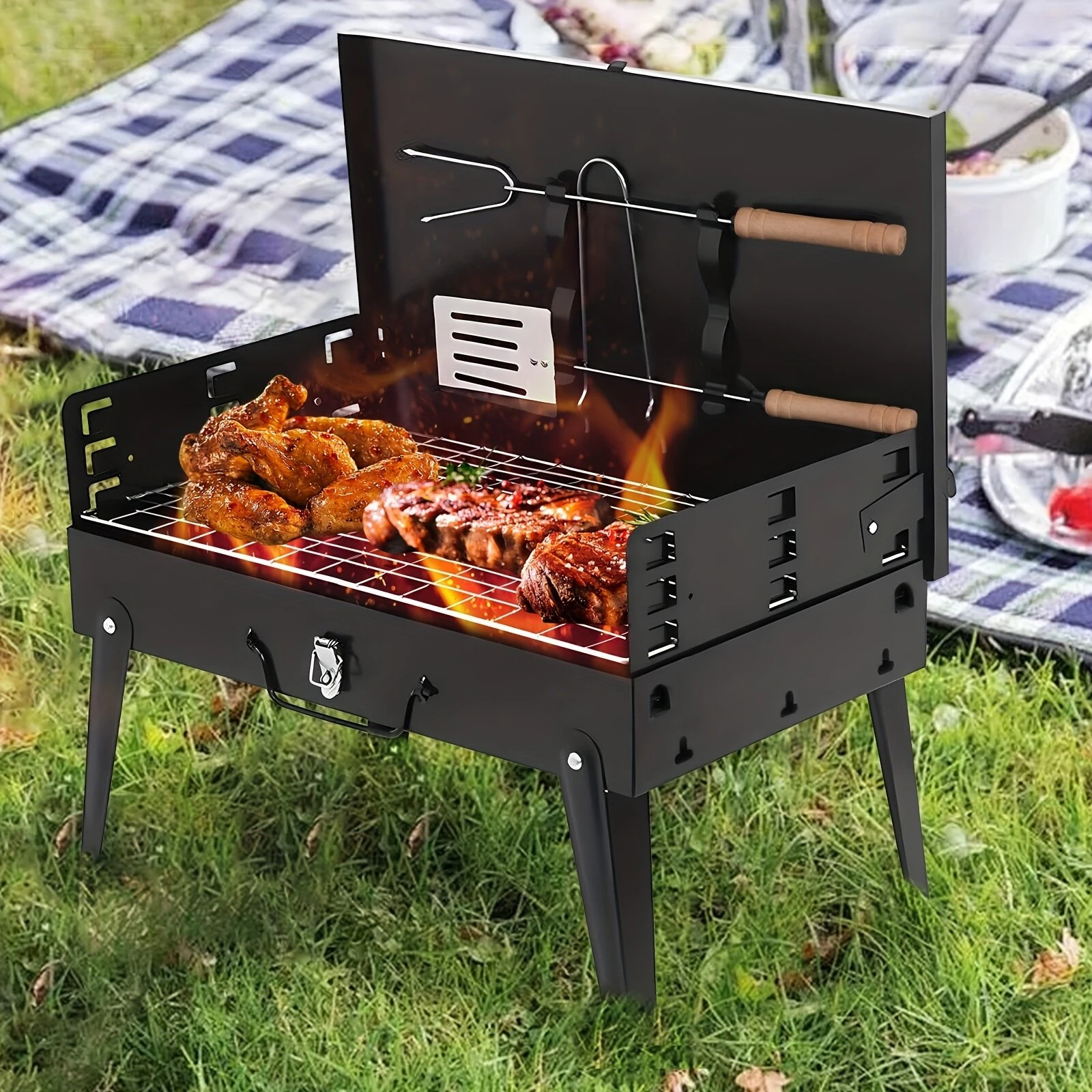 Xmund Portable Foldable Barbecue Grill with Adjustable Height & Convenient Storage Ideal for Backyard, Lawn, Garden Gatherings, Family Dinners & Outdoor Cooking Events, Includes Kickstand, Cooking Grate, Lid, Handle, Ash Pan — view 6
