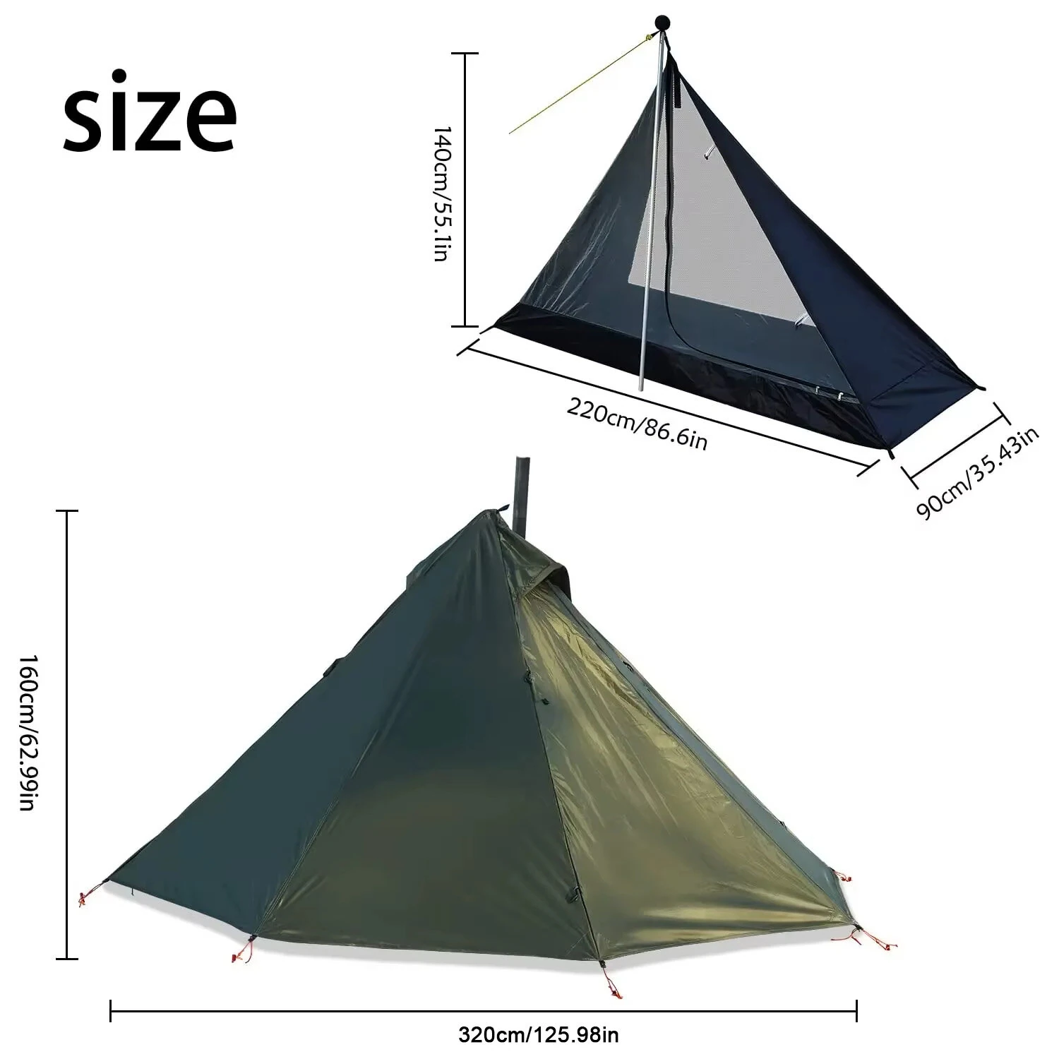 Xmund Pyramid Tent 320x320x160cm PU3000 Waterproof Double Layer Stove Jack Mesh Inner For Camping Backpacking Hiking Outdoor Shelter — view 7
