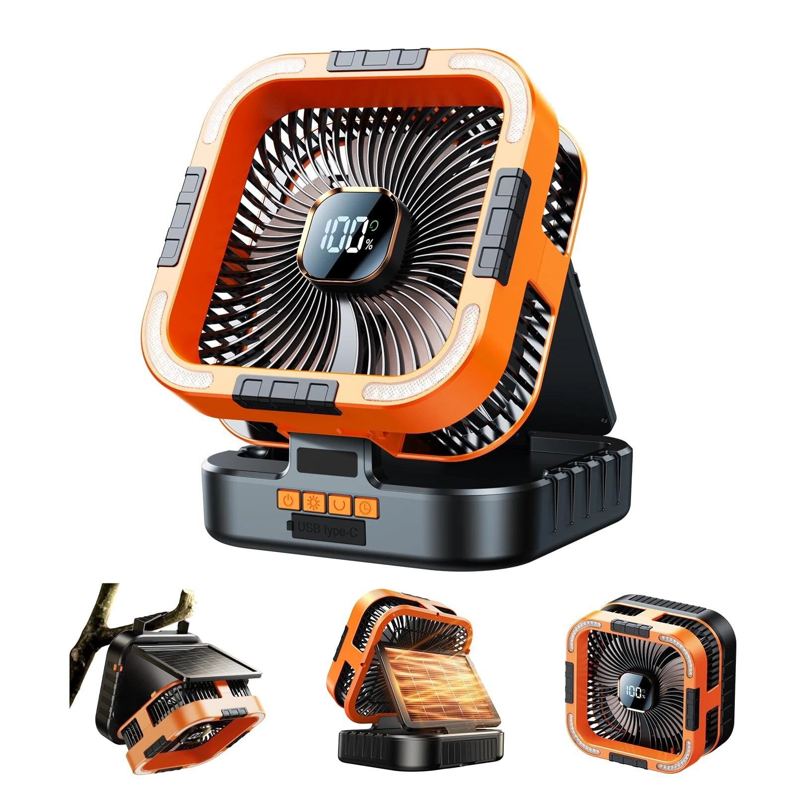Xmund Solar Camping Fan 10000mAh Power Bank USB C Charging 6 Speeds LED Lantern Portable Outdoor Fan with Timer for Camping