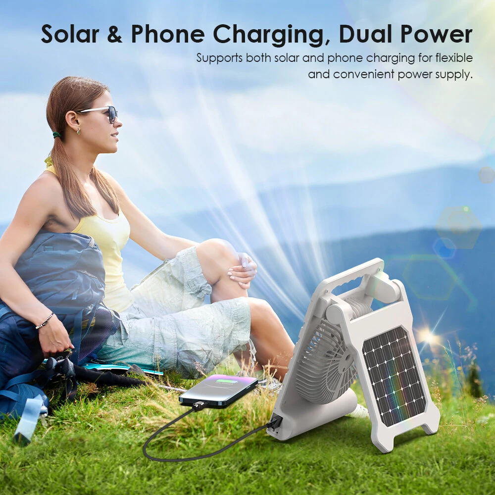 Xmund Solar Camping Fan 4000mAh Power Bank USB Charging 4 Speeds LED Light Portable Foldable Fan for Outdoor Camping — view 10