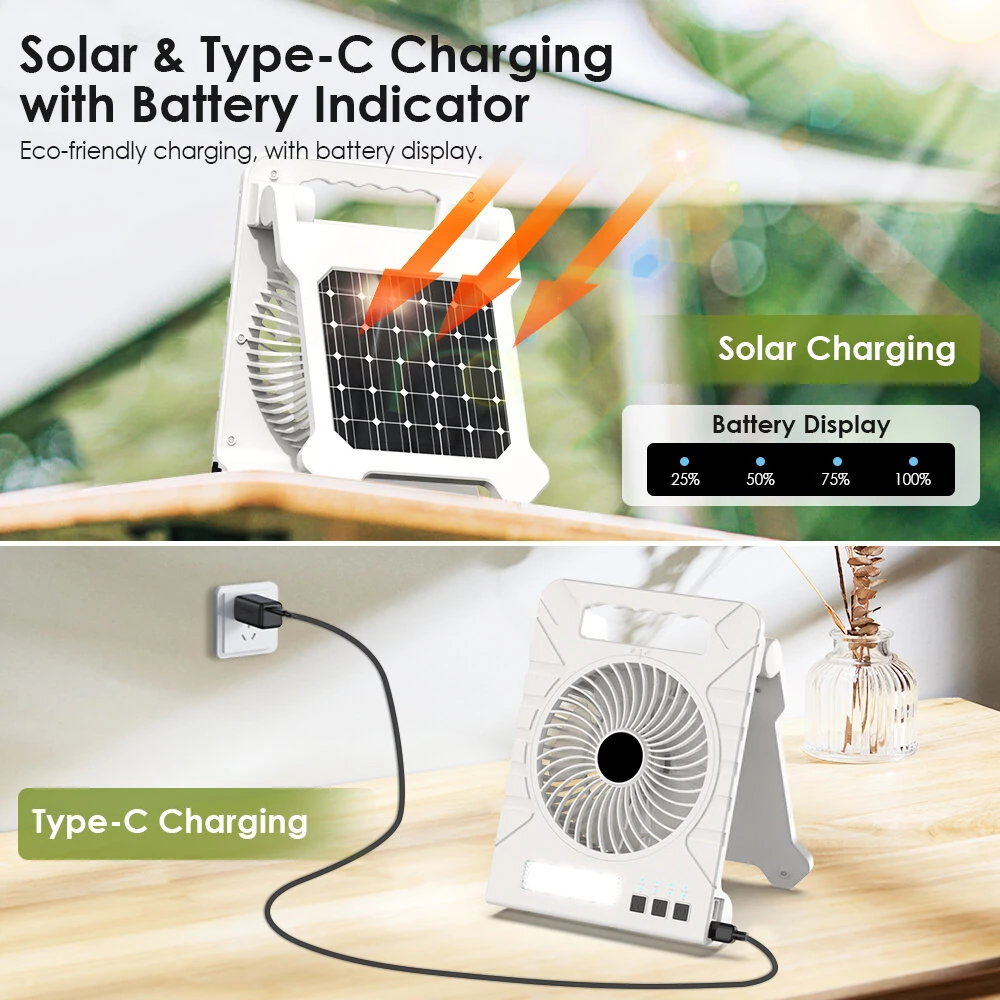 Xmund Solar Camping Fan 4000mAh Power Bank USB Charging 4 Speeds LED Light Portable Foldable Fan for Outdoor Camping — view 7