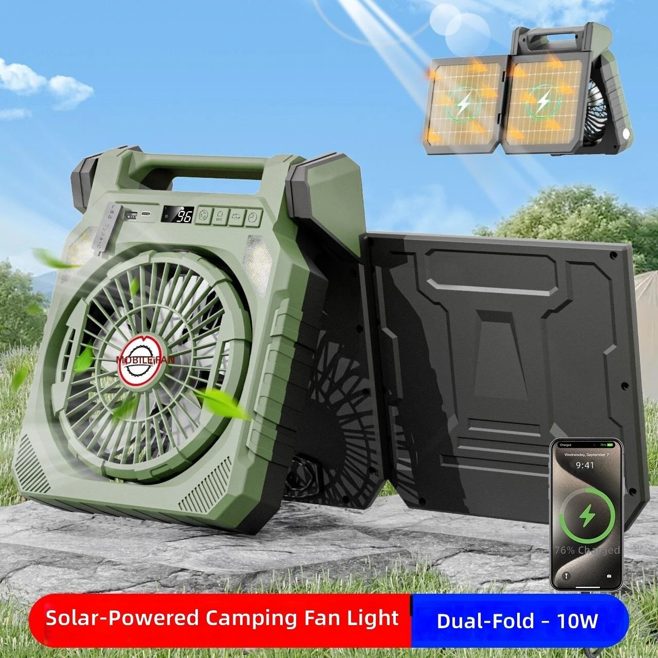 Xmund Solar Camping Fan With Light 10W Panel 10400mAh Battery 4 Speed 180 Oscillation USB Charger Power Bank For Outdoor Tent Emergency — view 3