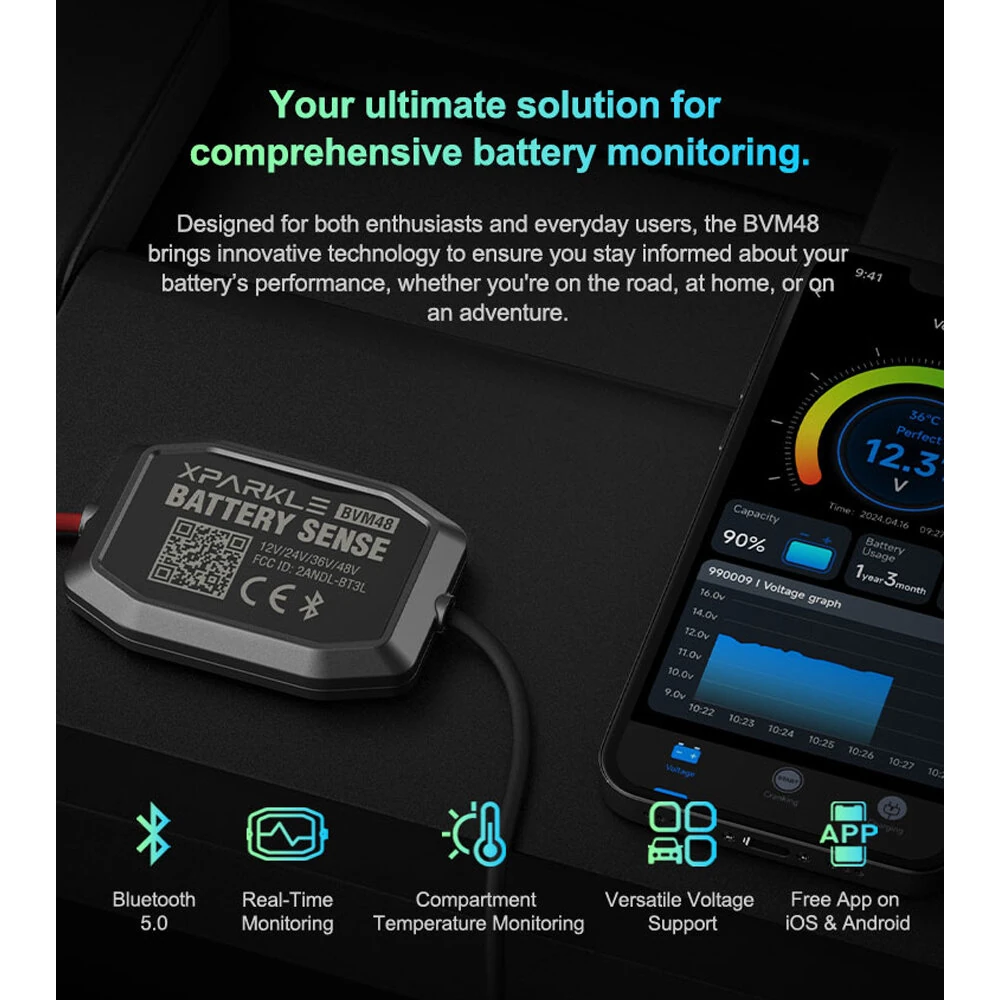 Xparkle BVM48 bluetooth Battery Monitor Real Time Monitoring for Cars Yachts Off-Road Vehicles Trucks RVs Golf Carts Electric Bicycles Motorcycles Scooters — view 4