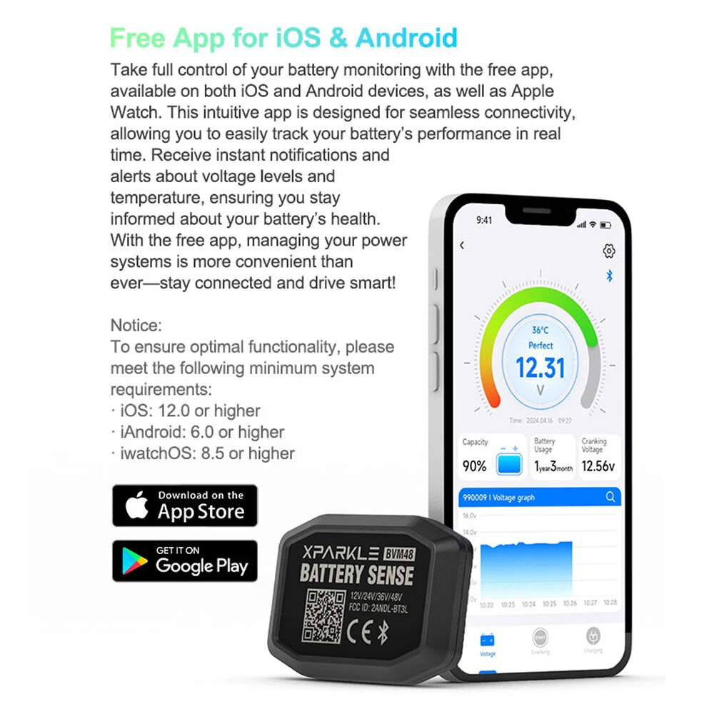Xparkle BVM48 bluetooth Battery Monitor Real Time Monitoring for Cars Yachts Off-Road Vehicles Trucks RVs Golf Carts Electric Bicycles Motorcycles Scooters — view 7