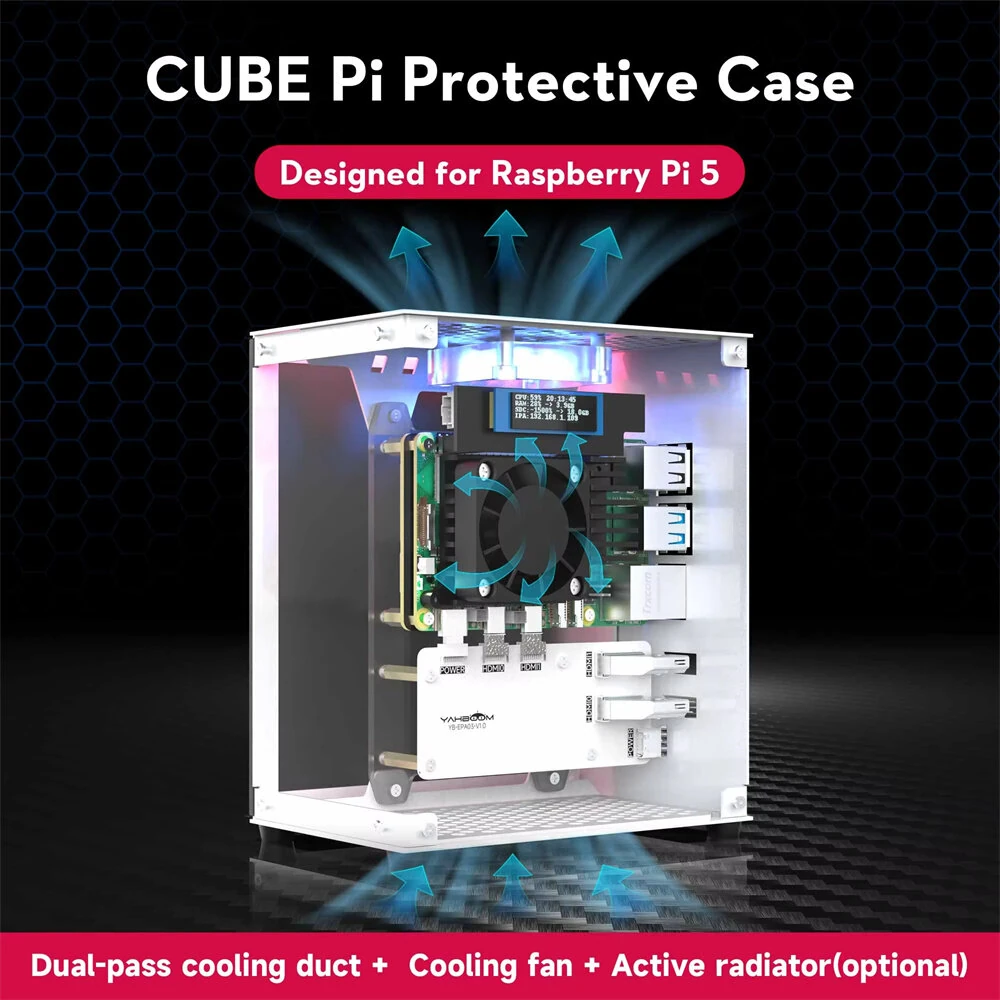 YAHBOOM Raspberry Pi 5 Case Protective Kit with Cooling Fan Chassis RGB Color Light 0.96 Screen Dispaly DIY Electronic Shell Host PCIe — view 4