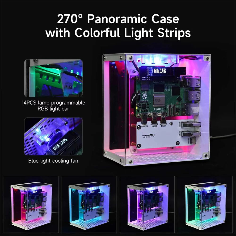 YAHBOOM Raspberry Pi 5 Case Protective Kit with Cooling Fan Chassis RGB Color Light 0.96 Screen Dispaly DIY Electronic Shell Host PCIe — view 6