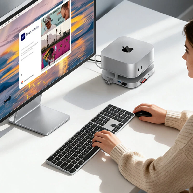 YICOSUN 10-in-1 USB-C Hub Docking Station for MacMini M4 Support 4K60Hz M.2 NVMe/SATA SSD USB3.2 10Gbps 3.5MM SD&TF Aluminum Alloy USB Hub — view 2