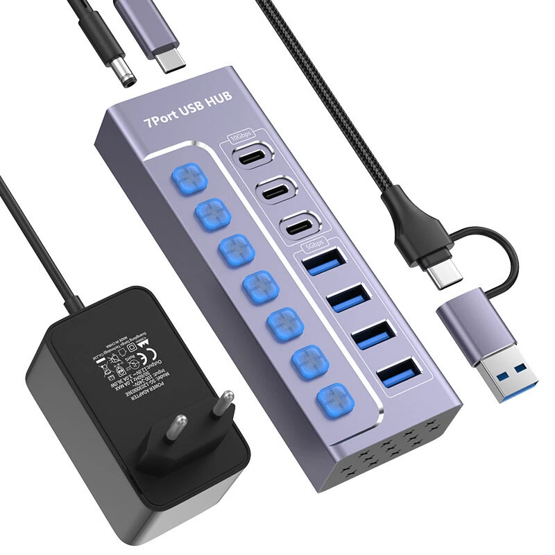 YUCUN 7-Port USB3.0 Hub Multiport Expander with 5Gbps USB-A*4 / 10Gbps USB-C*3 Multiports Aluminum Alloy USB Splitter with Independent Switches for PC Laptop Computer — YUCUN