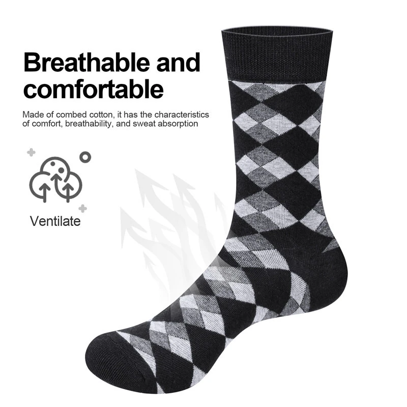 YUEDGE 5 Pairs Of Men's Trendy Checkered Pattern Mid Calf Crew Socks, Breathable Cotton Blend Comfy Casual Sports Socks For Outdoor Fitness Basketball Running — view 2
