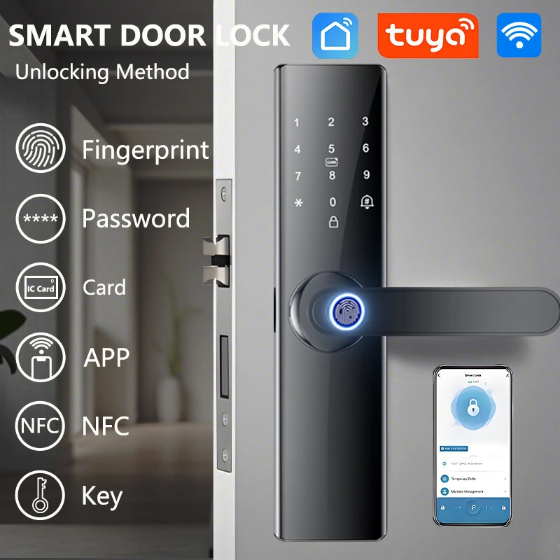 Z17 Tuya Smart Door Lock Fingerprint Keyless Entry WiFi Enabled Digital Code Deadbolt with Alarm Anti Peep Password IC Card Key Unlock Door Lock for Home Security — view 2