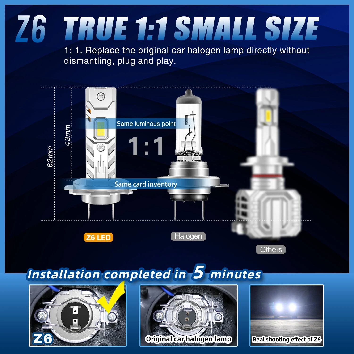 Z6 LED Headlight Bulbs 2200LM 6500K Cool White CSP Mini All-in-One Car Headlamp Conversion Kit — view 4