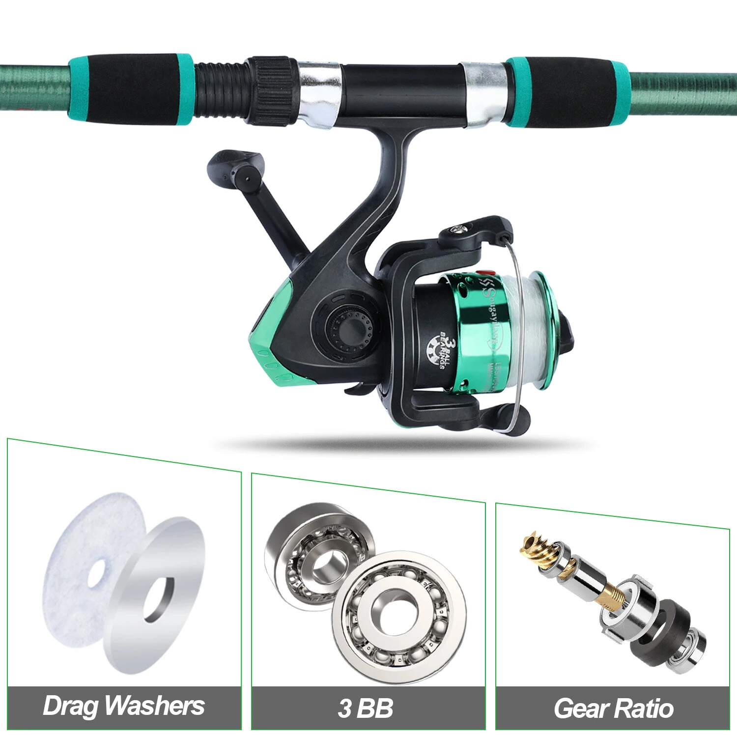 ZANLURE Spinning Fishing Rod Reel Combos 1.8M Telescopic Rod with 5.2:1 3BB Fishign Reel Max Drag 5kg Full Fishing Kit-Green — view 4