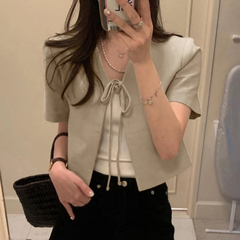 ZANZEA Daily Short Suit Jacket with Tie Front Collar, Short Sleeves Cotton Linen Blend Women's Blazer — view 11