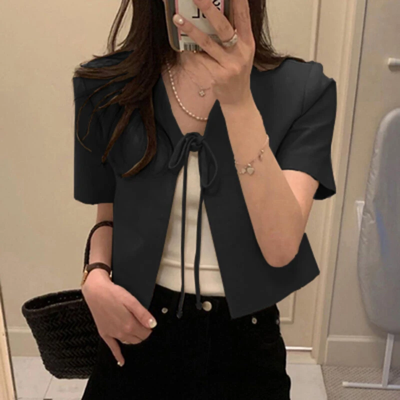 ZANZEA Daily Short Suit Jacket with Tie Front Collar, Short Sleeves Cotton Linen Blend Women's Blazer — view 4