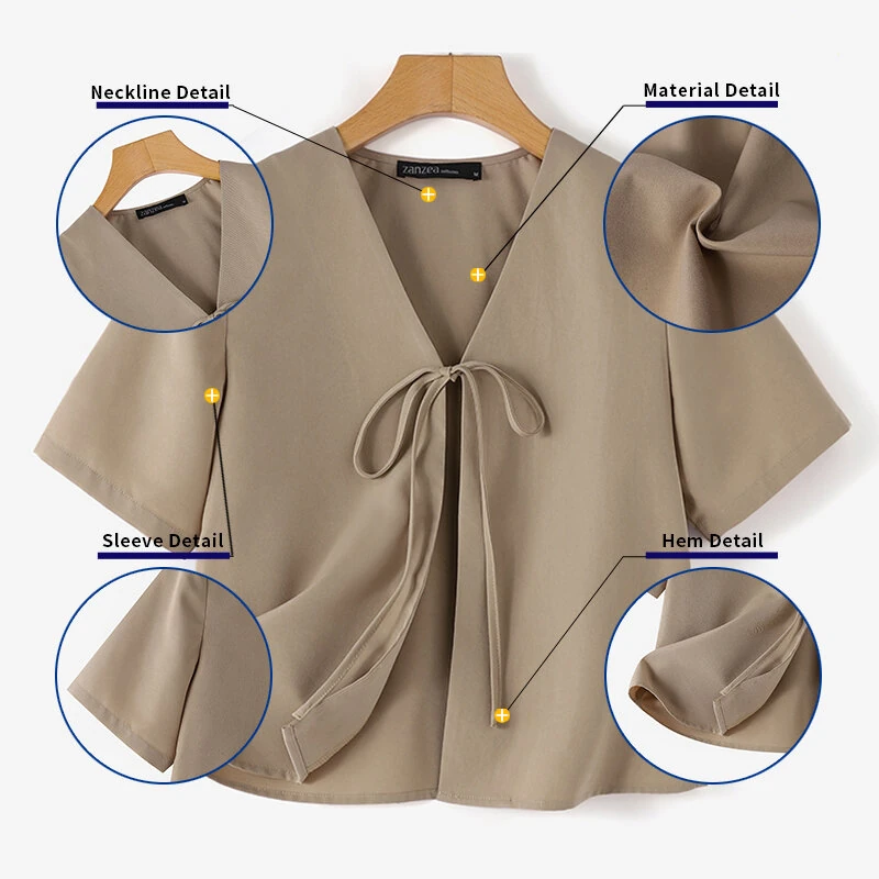 ZANZEA Daily Short Suit Jacket with Tie Front Collar, Short Sleeves Cotton Linen Blend Women's Blazer — view 5