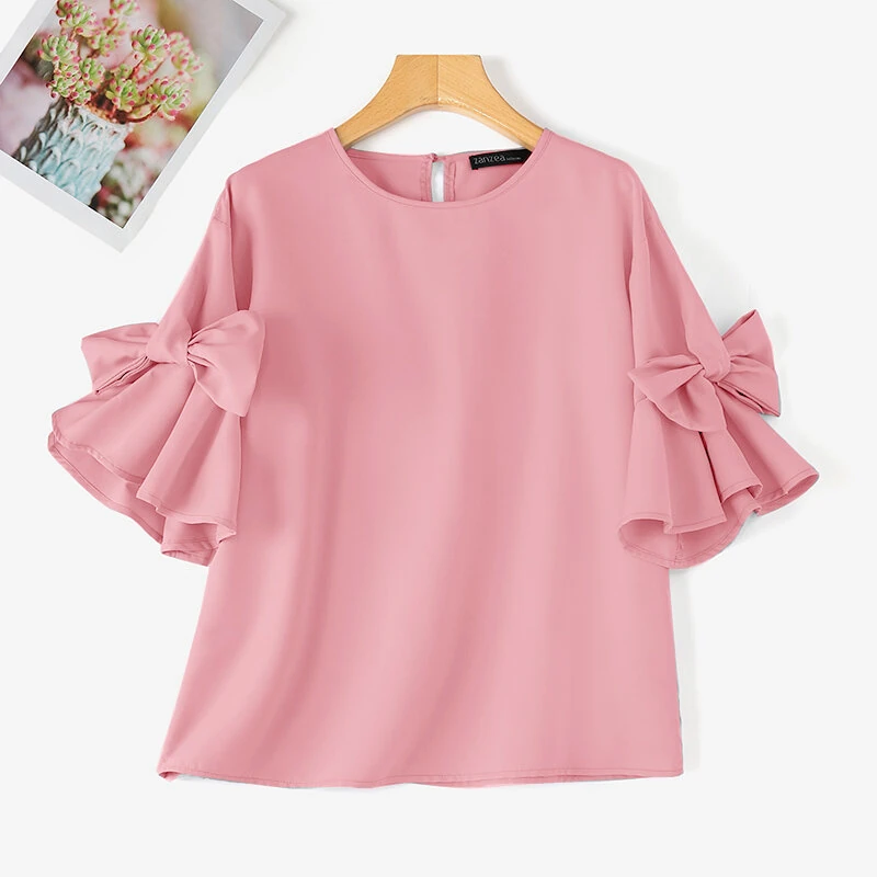 ZANZEA Elegant Style Womens Shirts Blouses Ladylike Crew Neck Ruffled Sleeves Tops Side Bowknot Solid Blouses — view 10