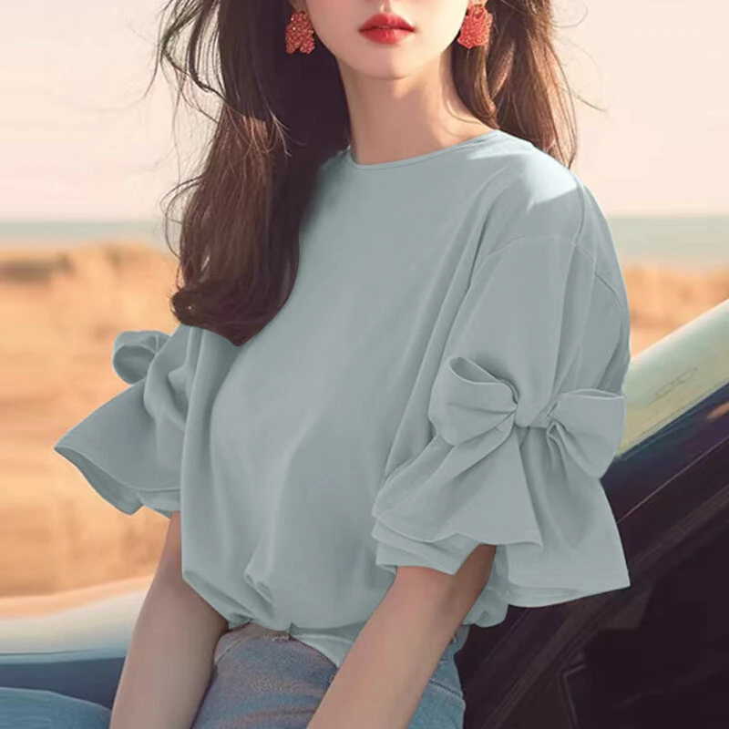 ZANZEA Elegant Style Womens Shirts Blouses Ladylike Crew Neck Ruffled Sleeves Tops Side Bowknot Solid Blouses — view 11