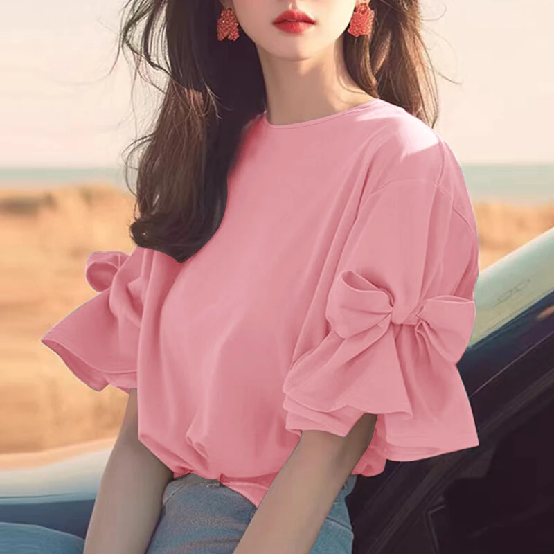 ZANZEA Elegant Style Womens Shirts Blouses Ladylike Crew Neck Ruffled Sleeves Tops Side Bowknot Solid Blouses — view 2