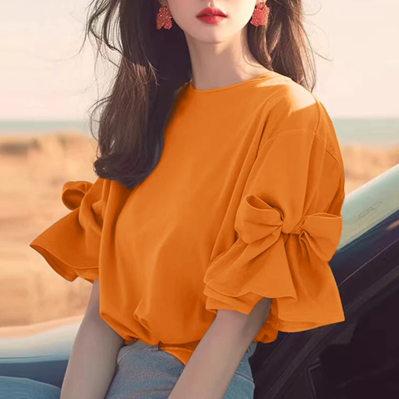 ZANZEA Elegant Style Womens Shirts Blouses Ladylike Crew Neck Ruffled Sleeves Tops Side Bowknot Solid Blouses — view 3