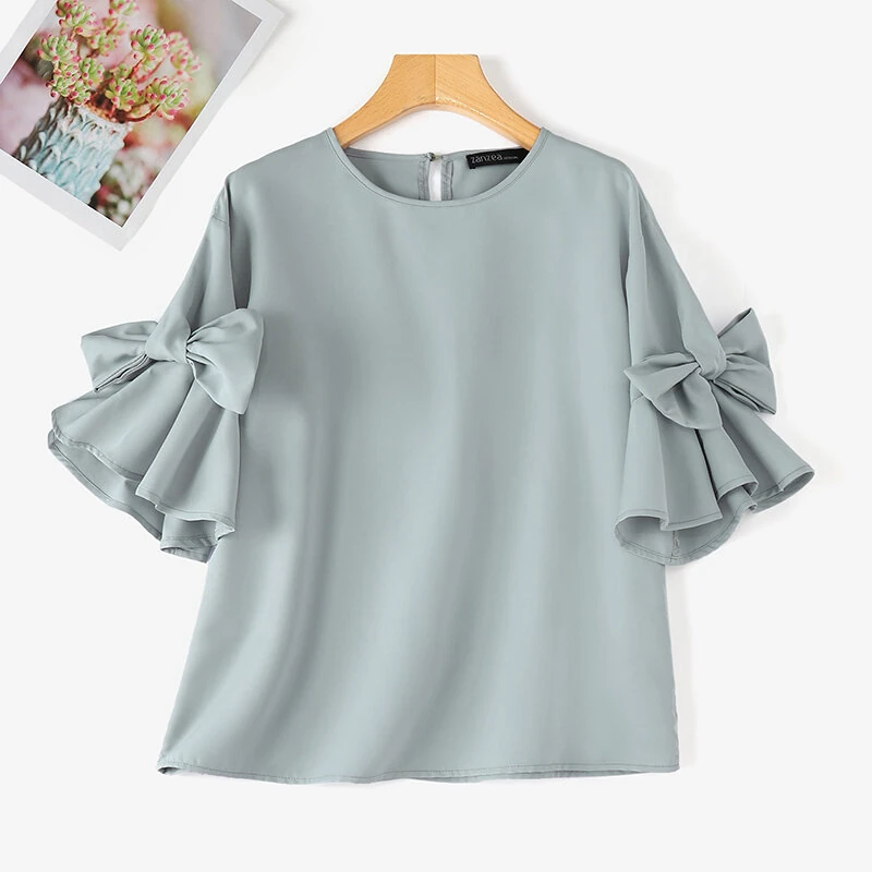 ZANZEA Elegant Style Womens Shirts Blouses Ladylike Crew Neck Ruffled Sleeves Tops Side Bowknot Solid Blouses — view 4