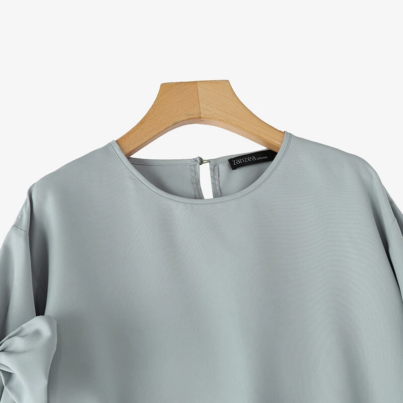 ZANZEA Elegant Style Womens Shirts Blouses Ladylike Crew Neck Ruffled Sleeves Tops Side Bowknot Solid Blouses — view 5