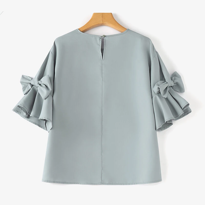 ZANZEA Elegant Style Womens Shirts Blouses Ladylike Crew Neck Ruffled Sleeves Tops Side Bowknot Solid Blouses — view 7