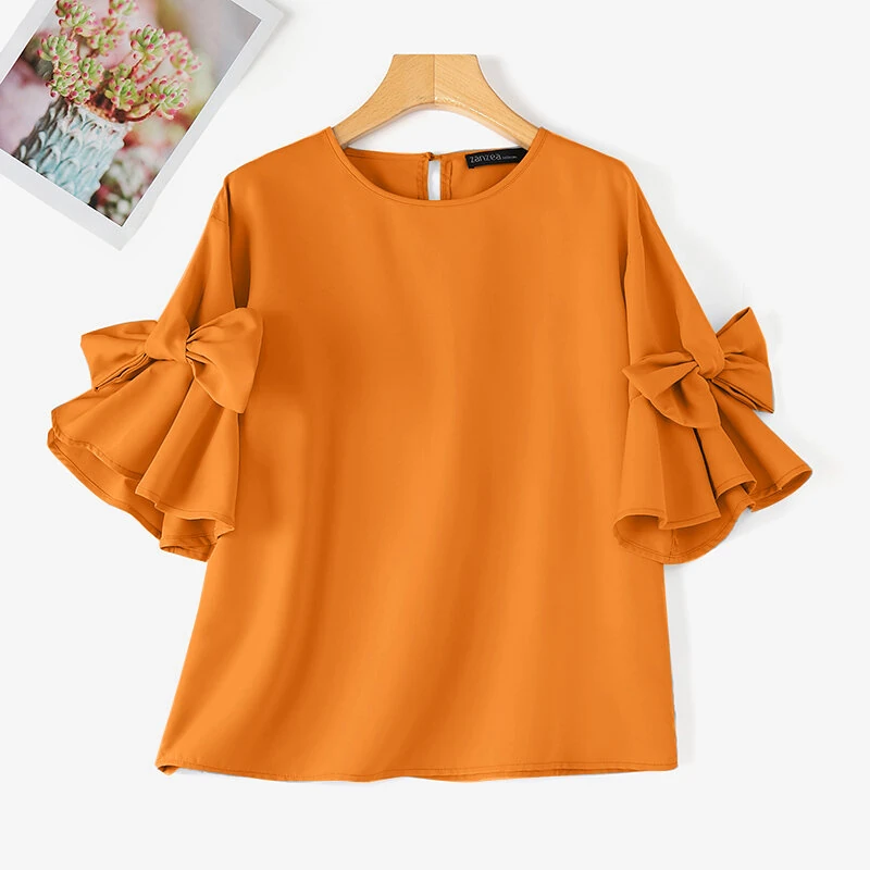 ZANZEA Elegant Style Womens Shirts Blouses Ladylike Crew Neck Ruffled Sleeves Tops Side Bowknot Solid Blouses — view 9