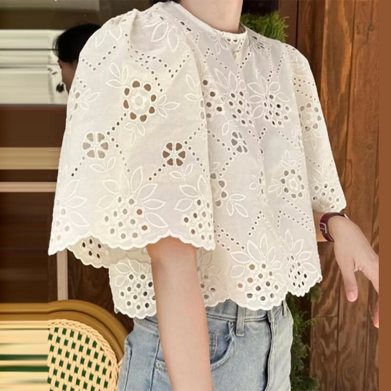 ZANZEA Elegant Style Womens Vintage Casual Cotton Crop Shirts Top Vacation Crew Neck Hollow Embroidery Blouses — view 10