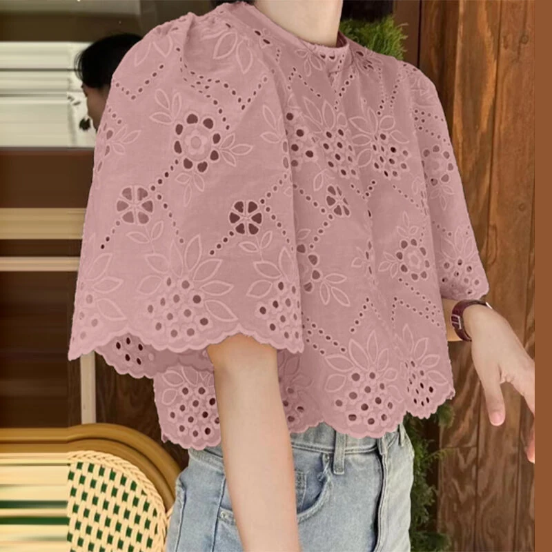 ZANZEA Elegant Style Womens Vintage Casual Cotton Crop Shirts Top Vacation Crew Neck Hollow Embroidery Blouses — view 2