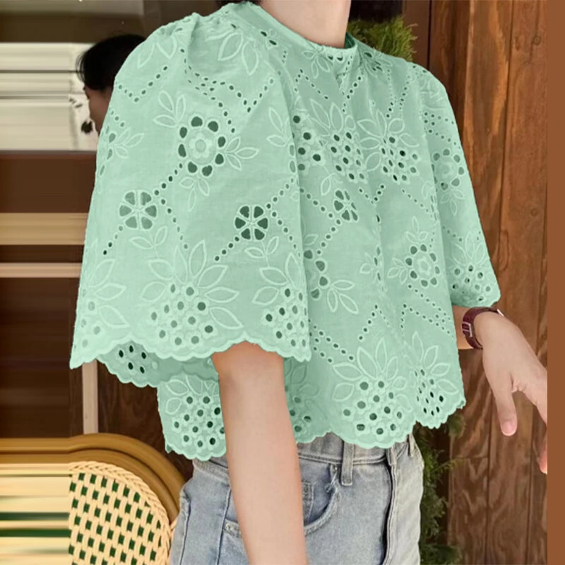 ZANZEA Elegant Style Womens Vintage Casual Cotton Crop Shirts Top Vacation Crew Neck Hollow Embroidery Blouses — view 3