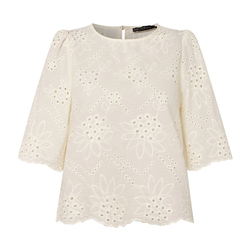 ZANZEA Elegant Style Womens Vintage Casual Cotton Crop Shirts Top Vacation Crew Neck Hollow Embroidery Blouses — view 4