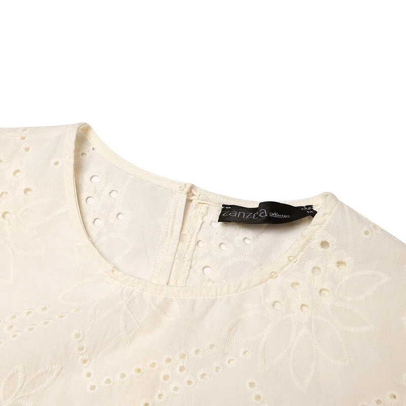 ZANZEA Elegant Style Womens Vintage Casual Cotton Crop Shirts Top Vacation Crew Neck Hollow Embroidery Blouses — view 5
