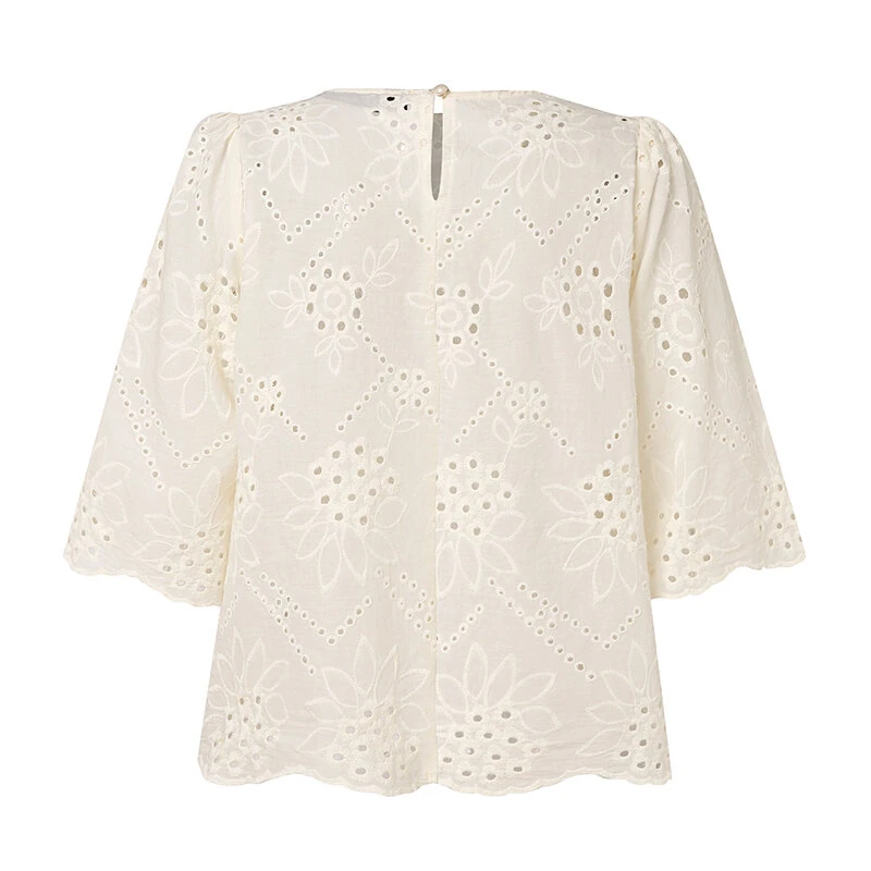 ZANZEA Elegant Style Womens Vintage Casual Cotton Crop Shirts Top Vacation Crew Neck Hollow Embroidery Blouses — view 7