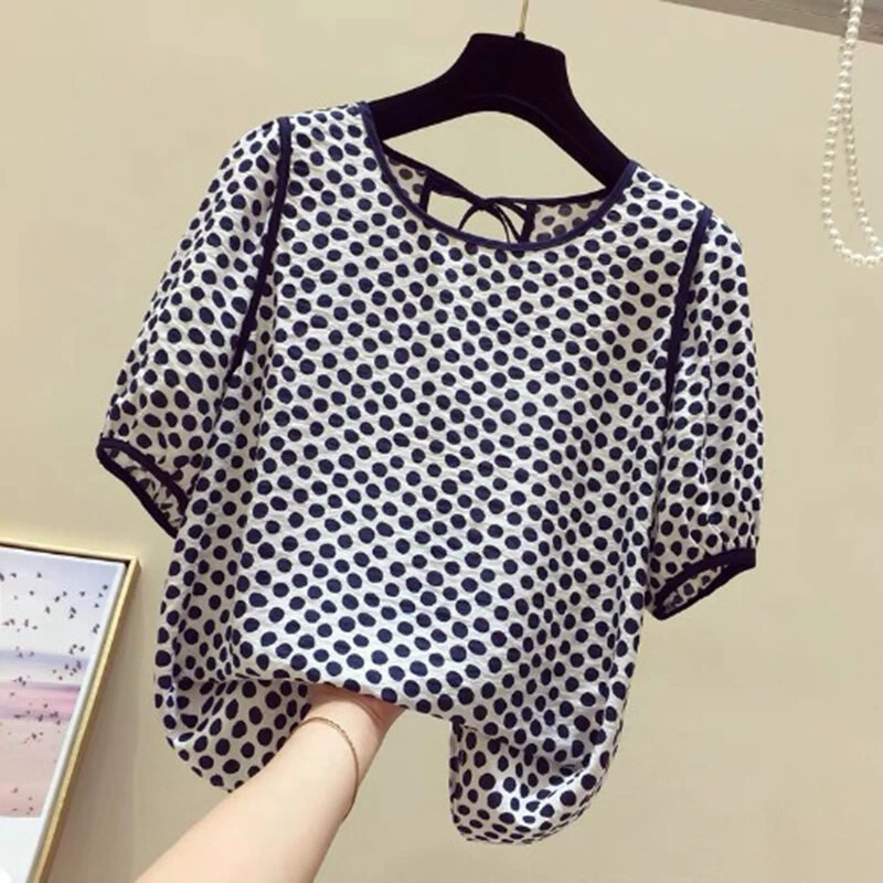 ZANZEA Females Polka Dot Top with Back Tie Lantern Sleeve and Open-Front Design, Womens Crew Neck Blouses Short Sleeve Shirts Plus Size S-5XL — view 2