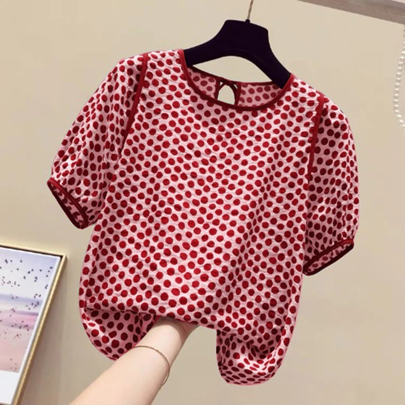 ZANZEA Females Polka Dot Top with Back Tie Lantern Sleeve and Open-Front Design, Womens Crew Neck Blouses Short Sleeve Shirts Plus Size S-5XL — view 3