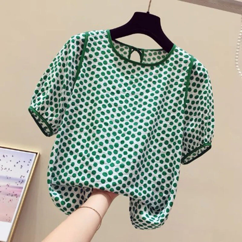 ZANZEA Females Polka Dot Top with Back Tie Lantern Sleeve and Open-Front Design, Womens Crew Neck Blouses Short Sleeve Shirts Plus Size S-5XL — view 5