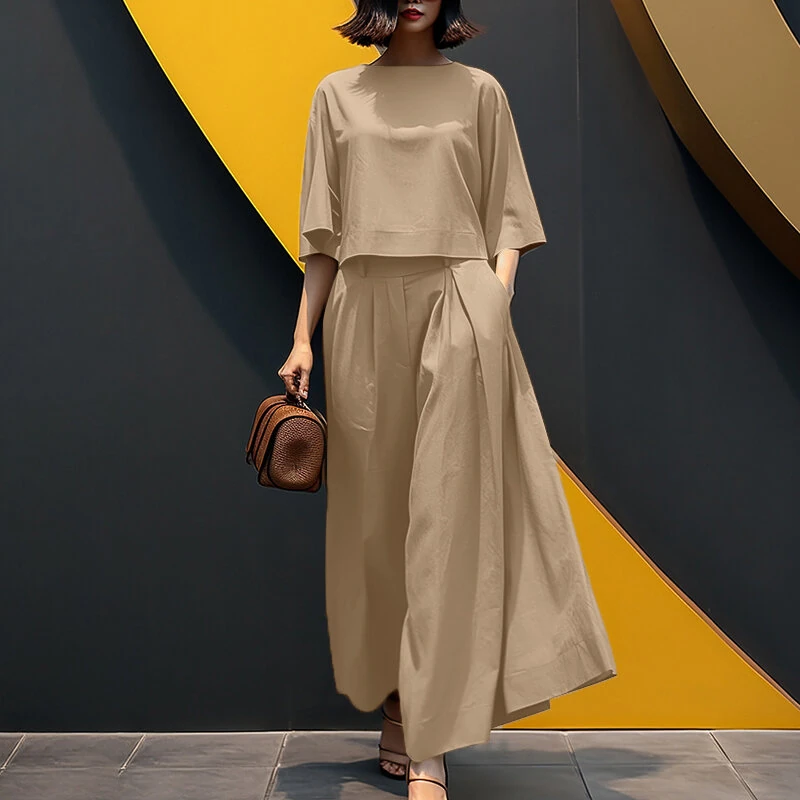 ZANZEA Korean Style Womens Elegant Sets Short Sleeve Blouse Top Wide Leg Loose Trousers Casual Suit — view 2