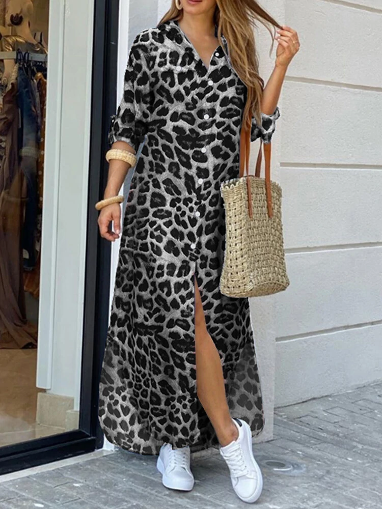 ZANZEA Leopard Print Button Up Shirt Dress for Women, Elegant Long Sleeve Dress For Spring & Fall, Women Lapel Button Long Shirt Dress Loose Vintage Maxi Dress — view 2