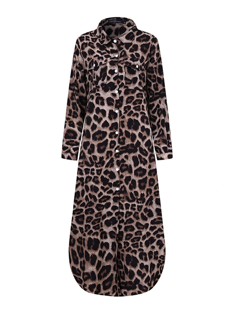 ZANZEA Leopard Print Button Up Shirt Dress for Women, Elegant Long Sleeve Dress For Spring & Fall, Women Lapel Button Long Shirt Dress Loose Vintage Maxi Dress — view 4