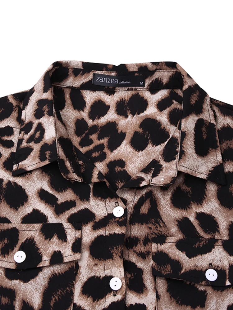 ZANZEA Leopard Print Button Up Shirt Dress for Women, Elegant Long Sleeve Dress For Spring & Fall, Women Lapel Button Long Shirt Dress Loose Vintage Maxi Dress — view 6