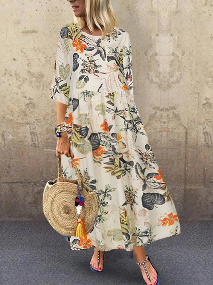 ZANZEA Plus Size Women Beach Long Dress Retro Floral Printed Round Neck Three Quarter Sleeve Pleated Beach Maxi Dresses — image 1