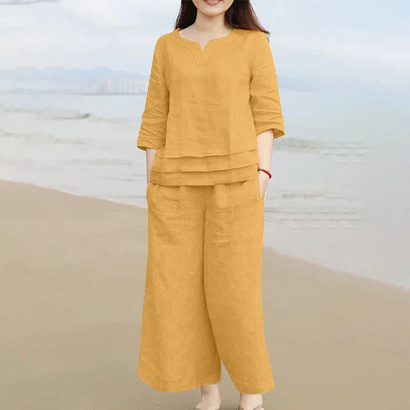 ZANZEA Plus Size Women Casual Solid Two-Piece Set, Notched Neck 3/4 Sleeve layered Hem Top & Wide Leg Pants, Women's Plus Size Clothing