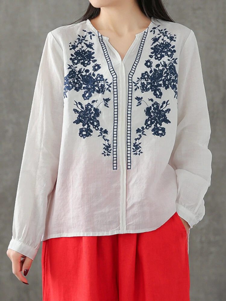 ZANZEA Plus Size Women Cotton Linen V-Neck Embroidery Patterns Casual Loose Blouse — view 2