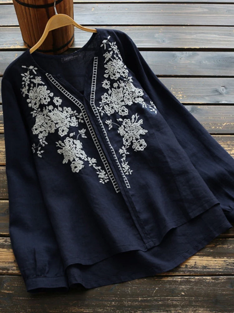 ZANZEA Plus Size Women Cotton Linen V-Neck Embroidery Patterns Casual Loose Blouse — view 4